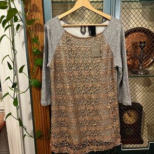 ‘Vintage’ Anthropologie Tan Lace and Gray Sleeve Blouse